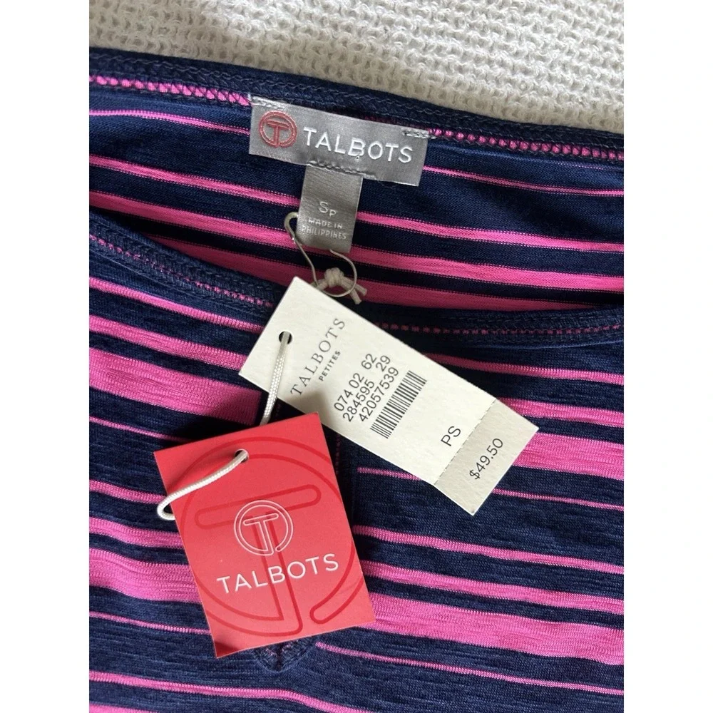 NWT Talbots Women Pink Blue Striped 3/4 Sleeve Tie Waist Top Size Small Petite - Picture 4 of 5